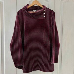 T by Talbots Velour Cowl Neck Top Women's Size 2X Burgundy And Gray Stripe